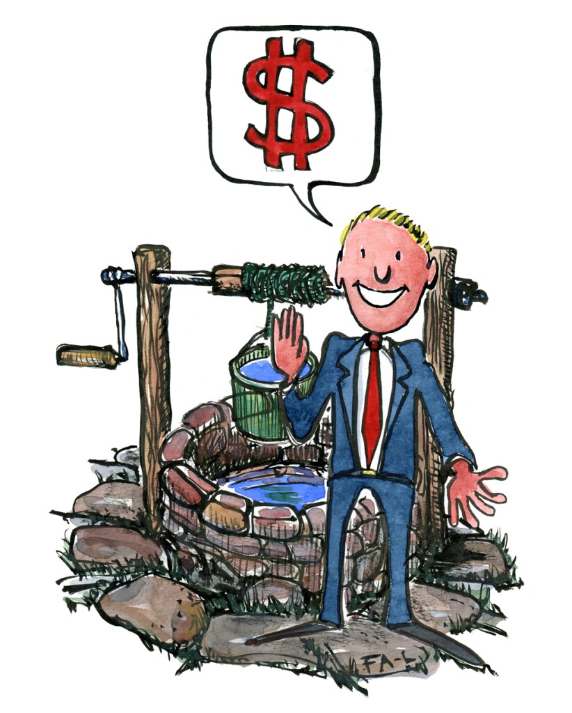 Illustration of man standing in front of a well, saying a dollar sign. Illustration by Frits Ahlefeldt