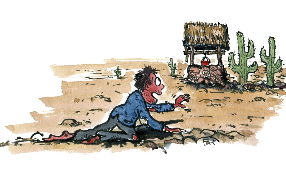 Man climbing towards a well, illustration by Frits Ahlefeldt