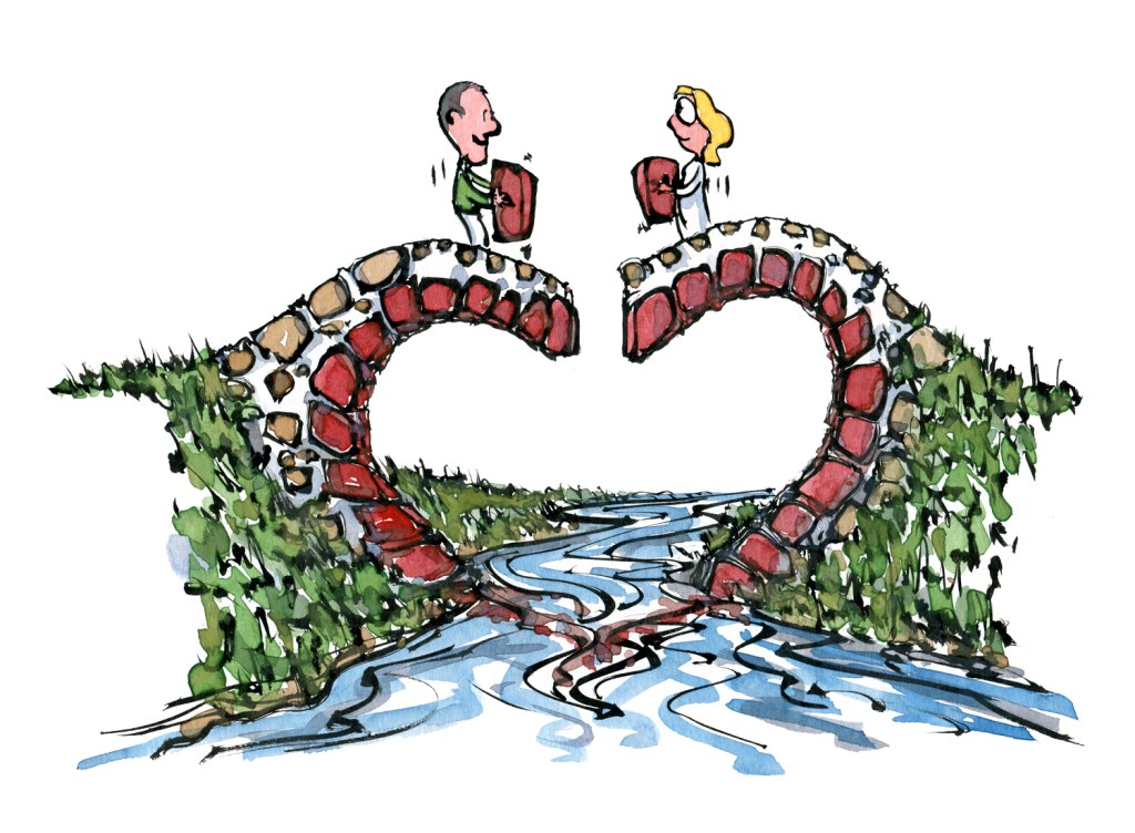 Love bridge builders, building a love shaped bridge, drawing by Frits Ahlefeldt