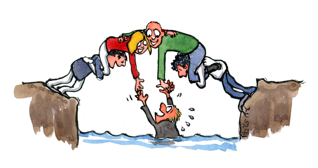 A bridge of people, helping a person out of the water. the peer to peer bridge. Drawing by Frits Ahlefeldt