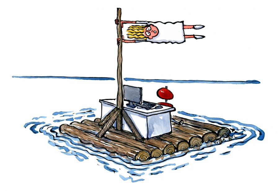 woman looking stressful, drifting at sea on a small raft. drawing by Frits Ahlefeldt