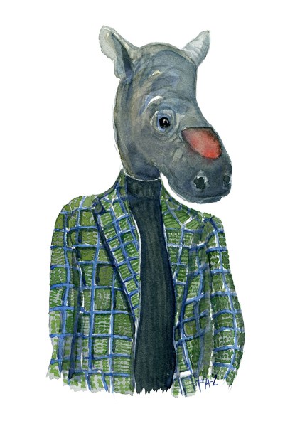 Watercolor of a de-horned rhinoceros in clothes, art by Frits Ahlefeldt
