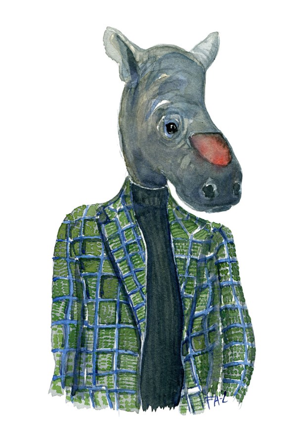 Watercolor of a de-horned rhinoceros in clothes, art by Frits Ahlefeldt
