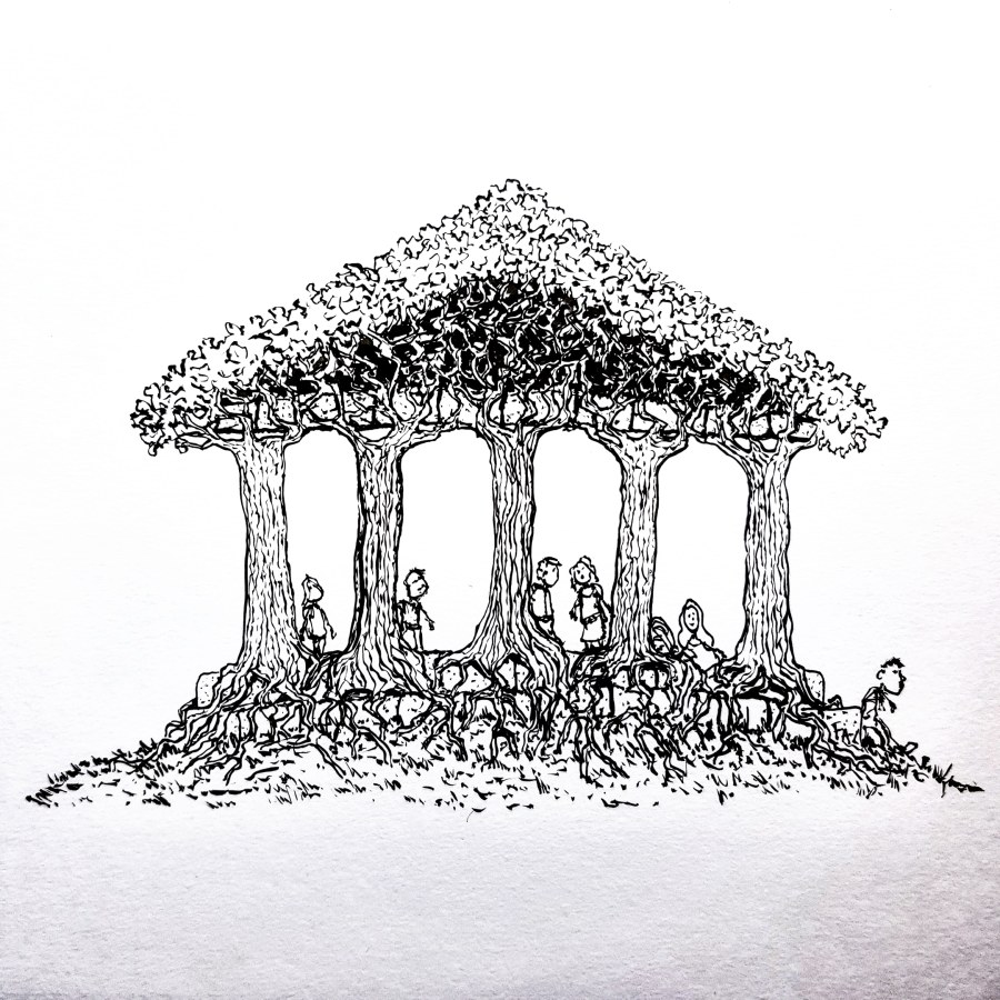 Treehouse looking greek temple of living trees. Drawing by Frits Ahlefeldt