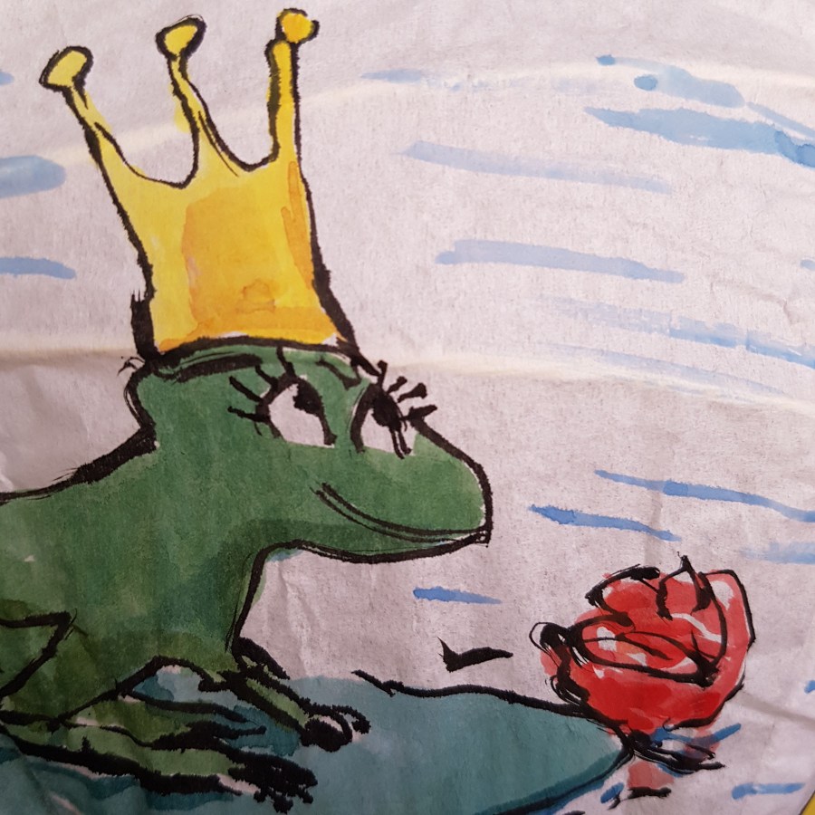 Painting of frog with crown waiting for a princess. Artwork by Frits Ahlefeldt. On rice paper lamp
