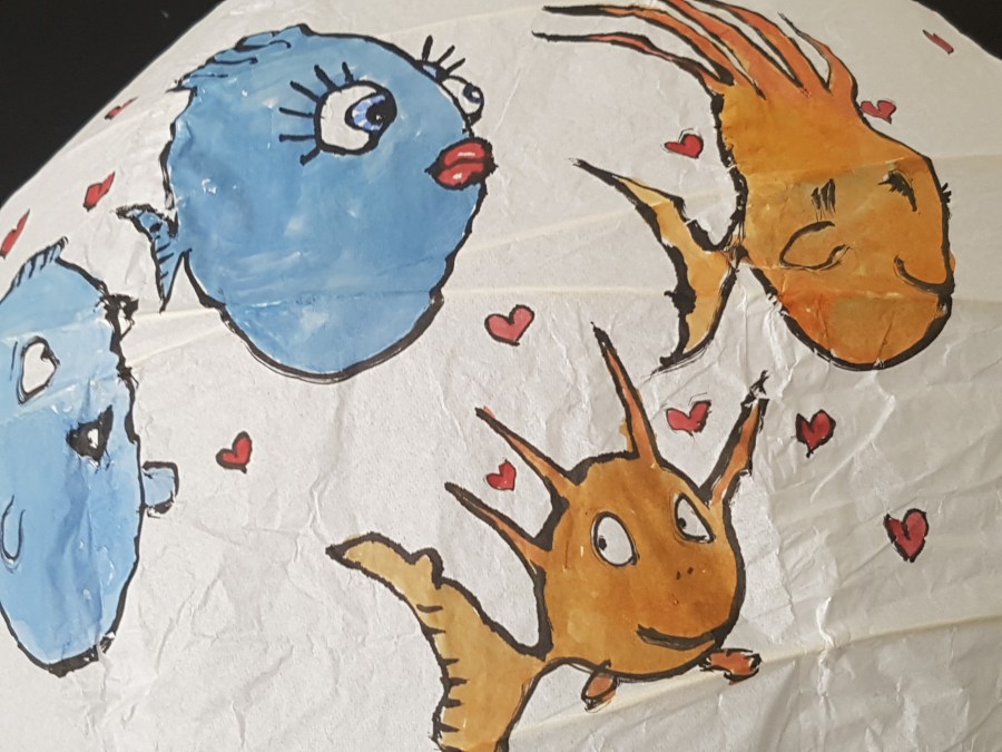 Hand painted artwork on rice paper lamp. Fish in love. By Frits Ahlefeldt