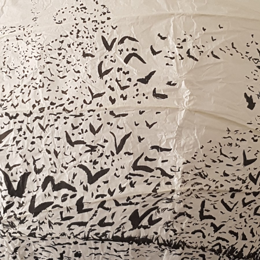 Artwork drawing of birds flying around ricepaperlamp - art by Frits Ahlefeldt