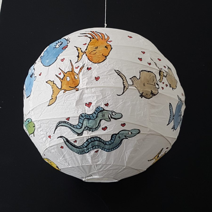 Hand painted artwork on rice paper lamp. Fish in love. By Frits Ahlefeldt