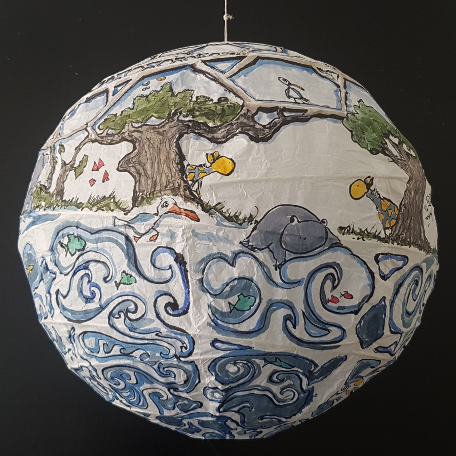 Painting of sphere house by Frits Ahlefeldt, on Rice paper lamp
