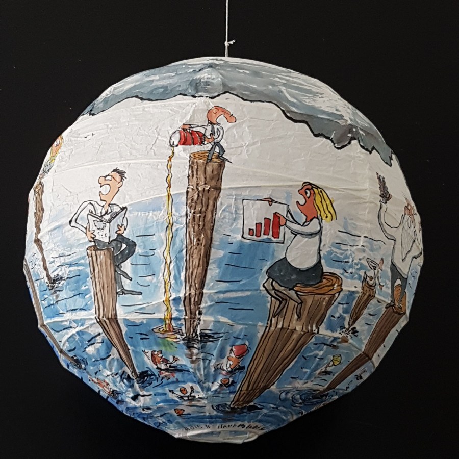 Drawing up people on wooden sticks talking about different things while the water gets higher. Sphere painting by Frits Ahlefeldt on Rice paper lamp