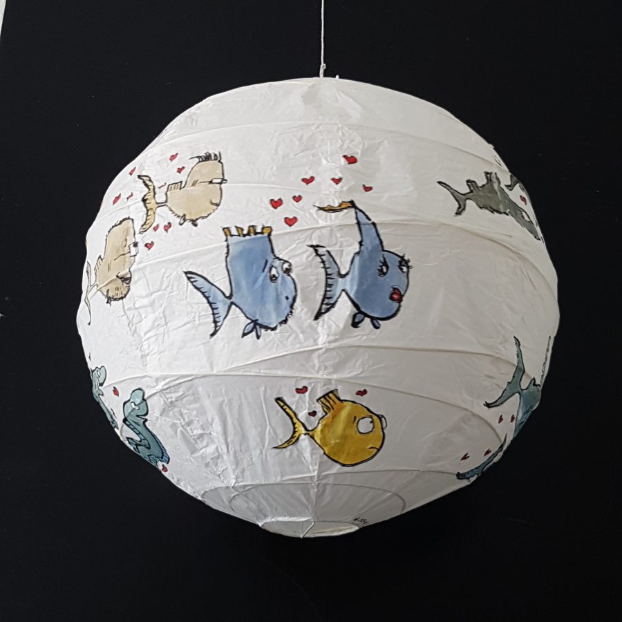 Hand painted artwork on rice paper lamp. Fish in love. By Frits Ahlefeldt