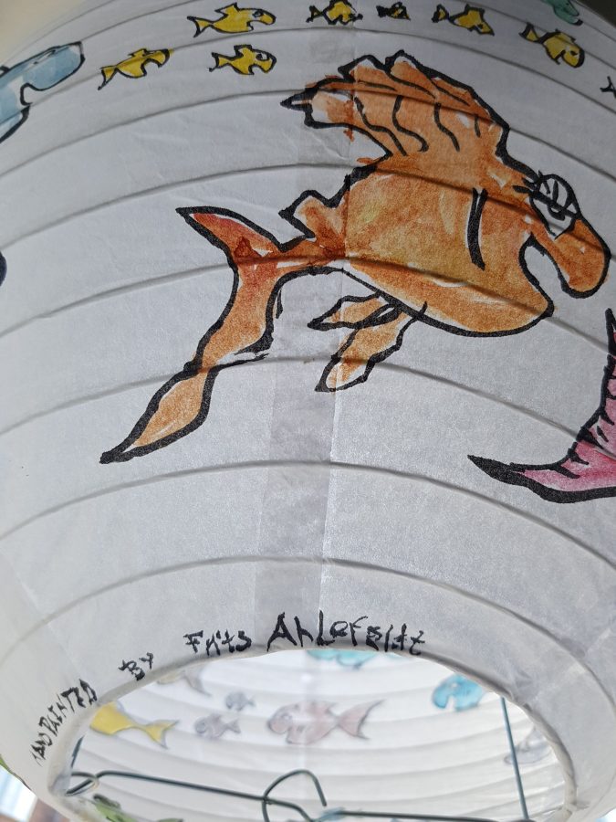 Painting on rice paper lamp, sphere artwork by Frits Ahlefeldt