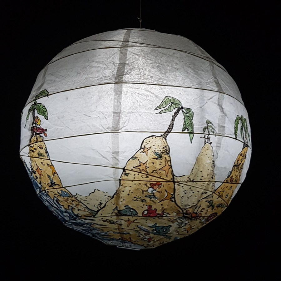 No man is an island at low tide art by Frits Ahlefeldt. SpherePainting on Rice paper lamp