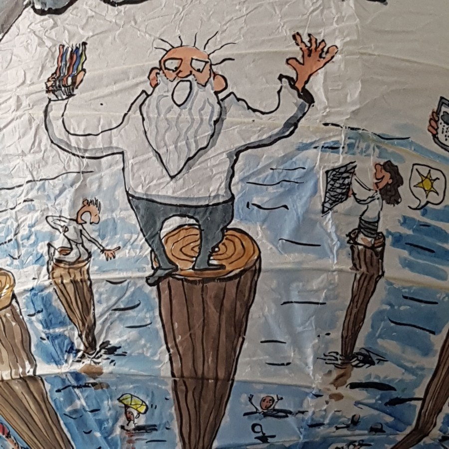 Drawing up people on wooden sticks talking about different things while the water gets higher. Sphere painting by Frits Ahlefeldt on Rice paper lamp