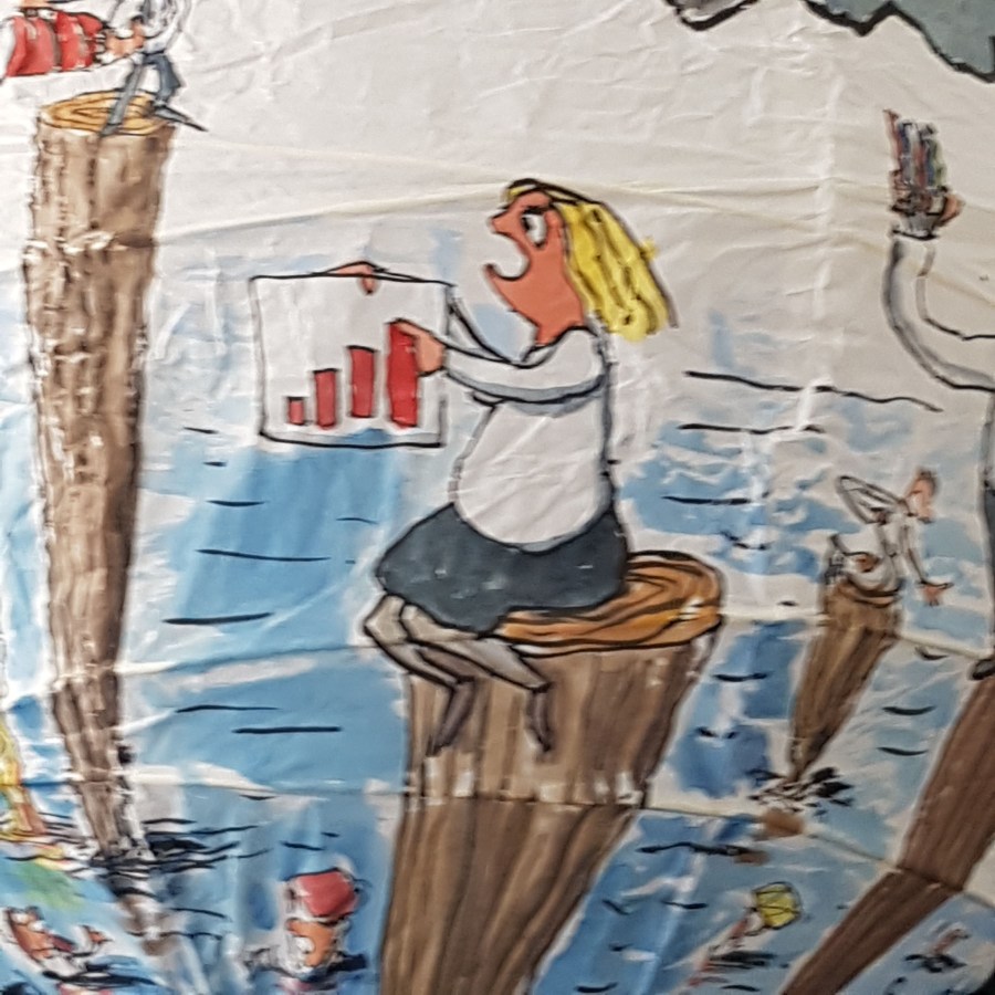 Drawing up people on wooden sticks talking about different things while the water gets higher. Sphere painting by Frits Ahlefeldt on Rice paper lamp