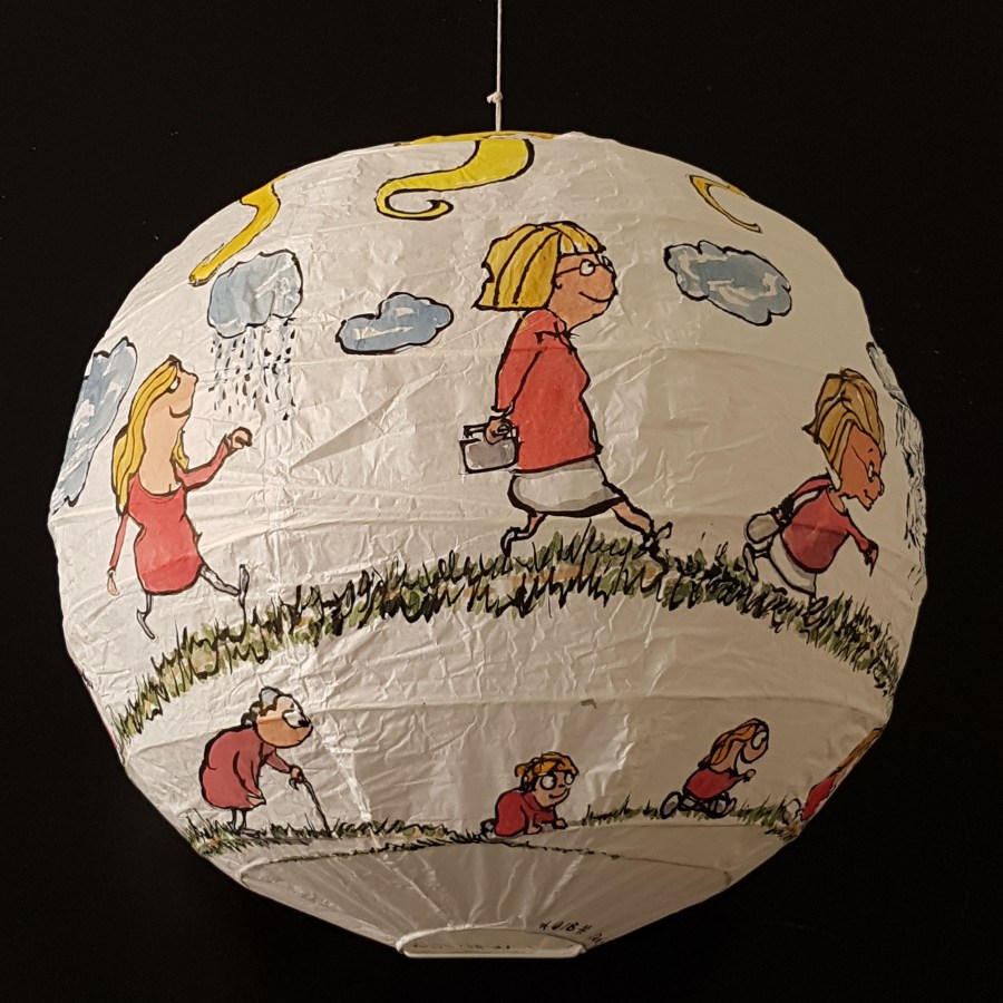 Drawing of red shirt woman walking from baby to old age around a rice paper lamp. Artwork by Frits Ahlefeldt