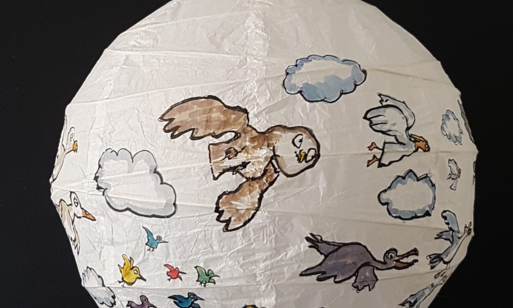 Hand painted artwork on rice paper lamp. Fish in love. By Frits Ahlefeldt