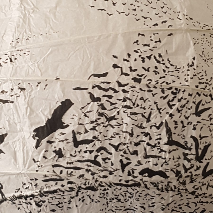 Artwork drawing of birds flying around ricepaperlamp - art by Frits Ahlefeldt