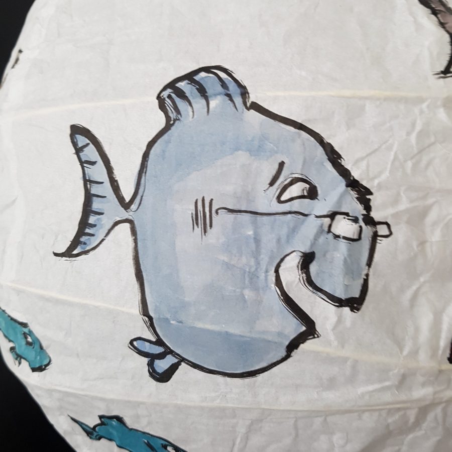 No.007 Color drawing of fish on a rice paper lamp. Artwork by Frits Ahlefeldt