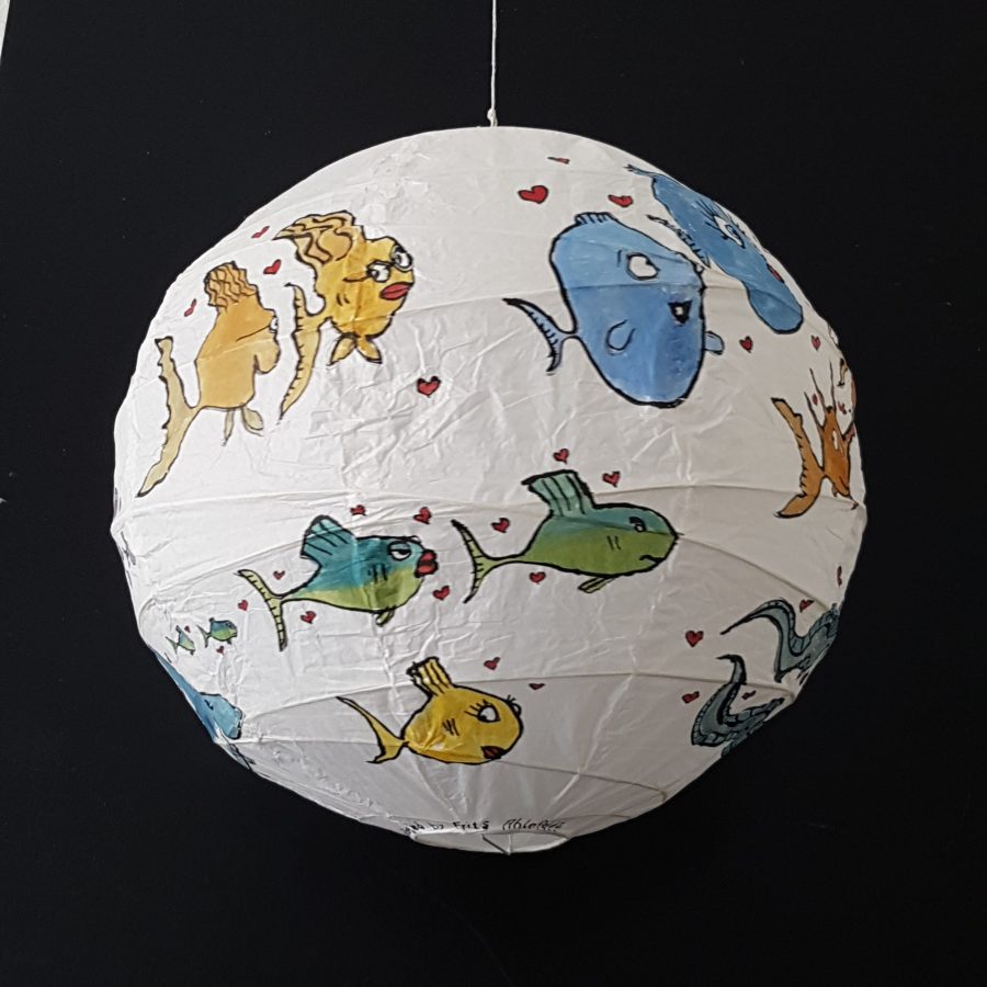 Hand painted artwork on rice paper lamp. Fish in love. By Frits Ahlefeldt