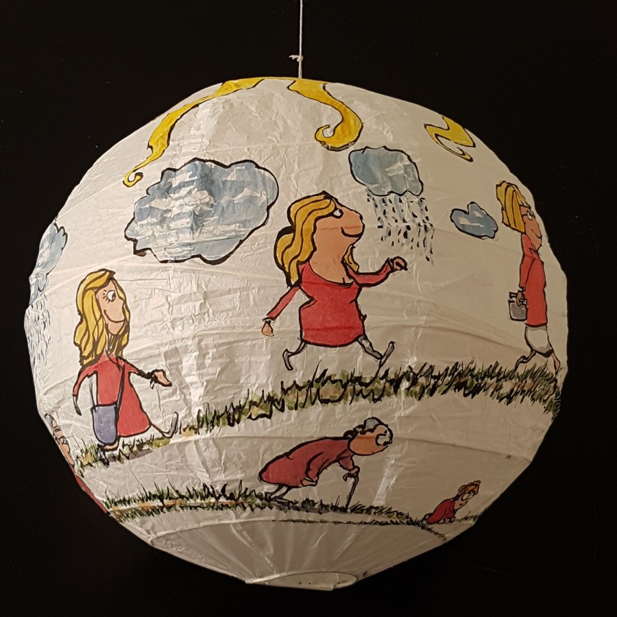 Drawing of red shirt woman walking from baby to old age around a rice paper lamp. Artwork by Frits Ahlefeldt