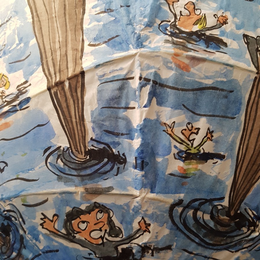 Drawing up people on wooden sticks talking about different things while the water gets higher. Sphere painting by Frits Ahlefeldt on Rice paper lamp