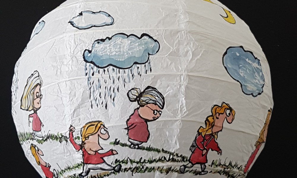 Drawing of red shirt woman walking from baby to old age around a rice paper lamp. Artwork by Frits Ahlefeldt