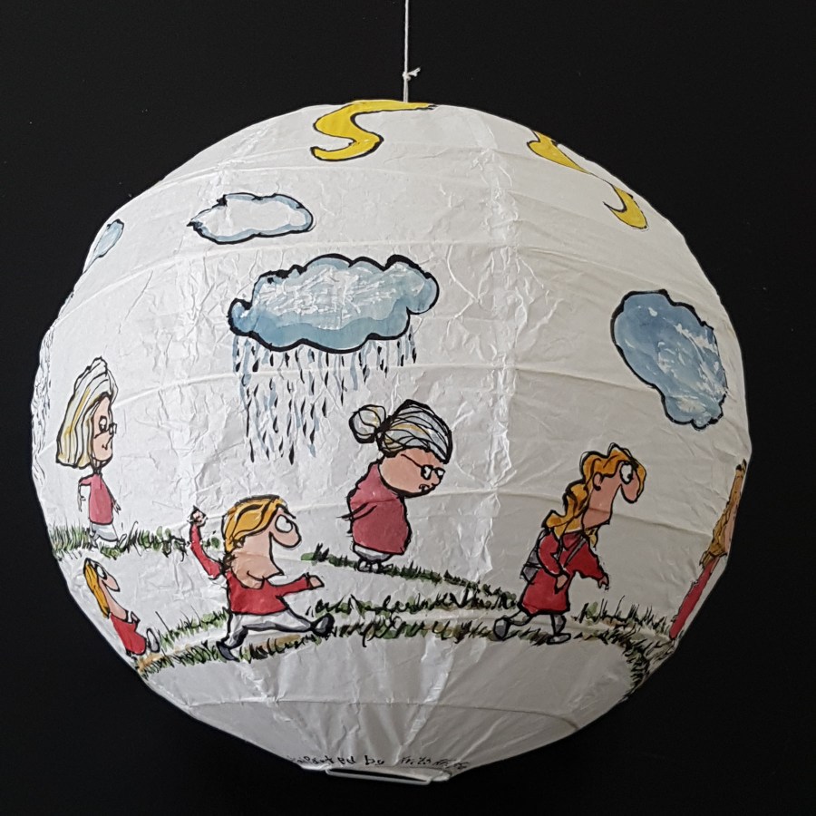 Drawing of red shirt woman walking from baby to old age around a rice paper lamp. Artwork by Frits Ahlefeldt