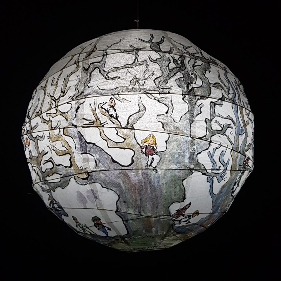 Trees and hikers Illustration in ink and watercolor on sphere lamp