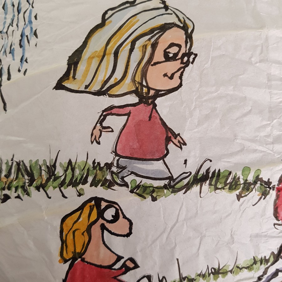 Drawing of red shirt woman walking from baby to old age around a rice paper lamp. Artwork by Frits Ahlefeldt