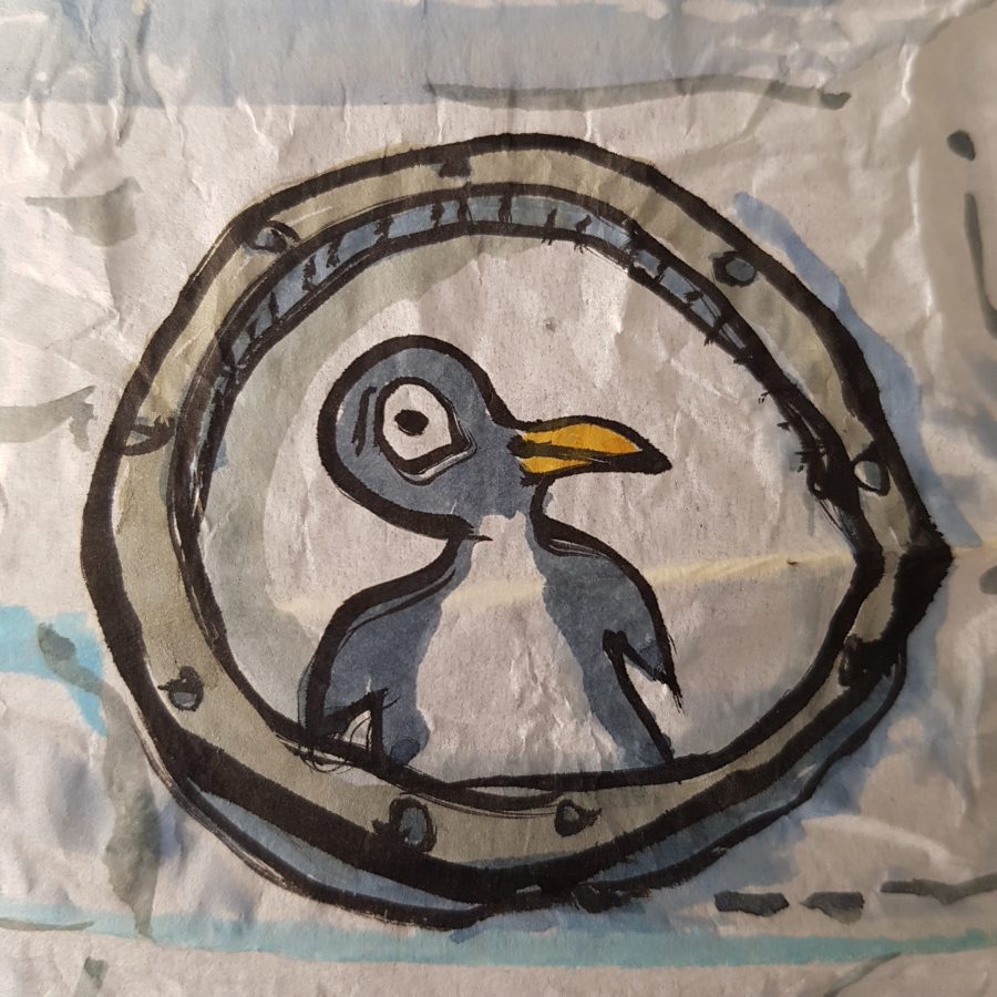 Drawing of a group of penguins inside a sphere ice submarine, painted on rice paper lamp. art by Frits Ahlefeldt
