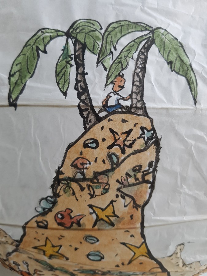 No man is an island at low tide art by Frits Ahlefeldt. SpherePainting on Rice paper lamp