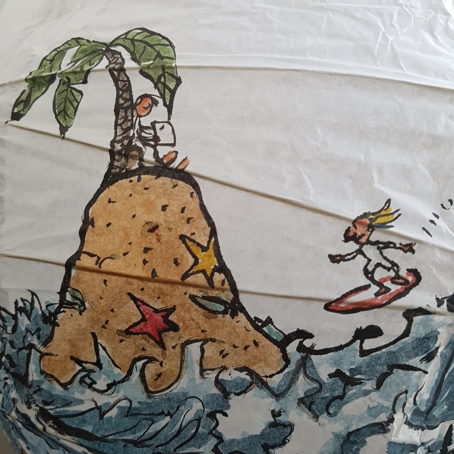 No man is an island at low tide art by Frits Ahlefeldt. SpherePainting on Rice paper lamp