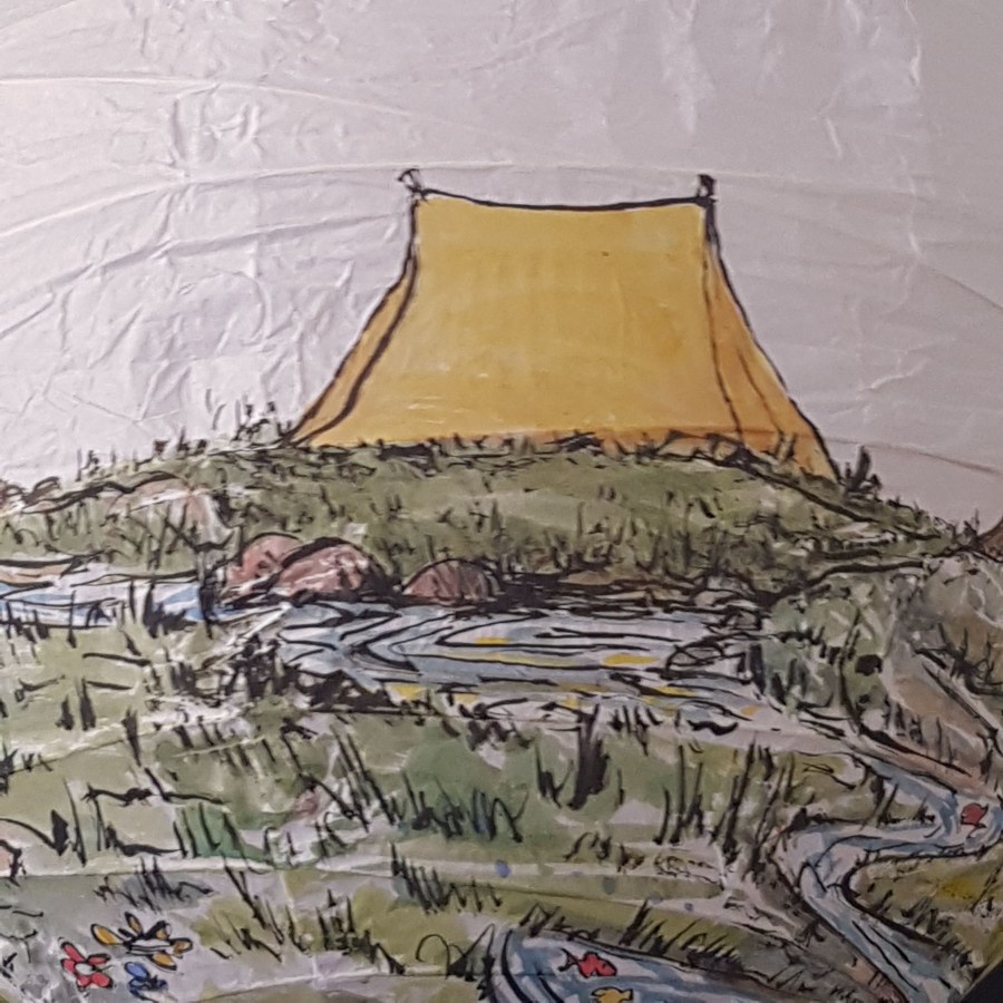 Painting on sphere a gap, with a man and woman on each side, and a tent on the other side. Storytelling art by Frits Ahlefeldt