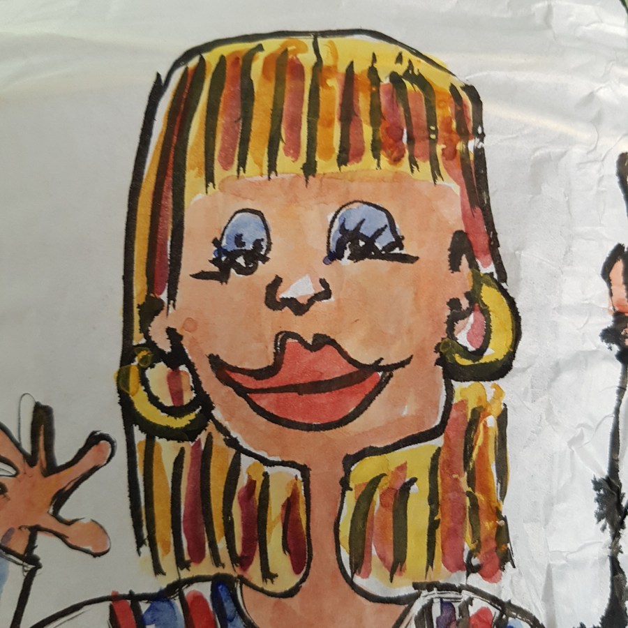 Detail - Happy people all around painting by Frits Ahlefeldt. On Rice paper Lamp