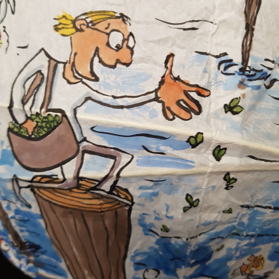 Drawing up people on wooden sticks talking about different things while the water gets higher. Sphere painting by Frits Ahlefeldt on Rice paper lamp