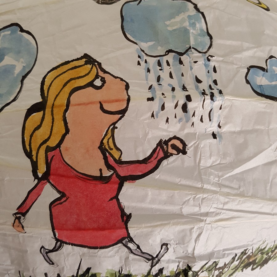 Drawing of red shirt woman walking from baby to old age around a rice paper lamp. Artwork by Frits Ahlefeldt