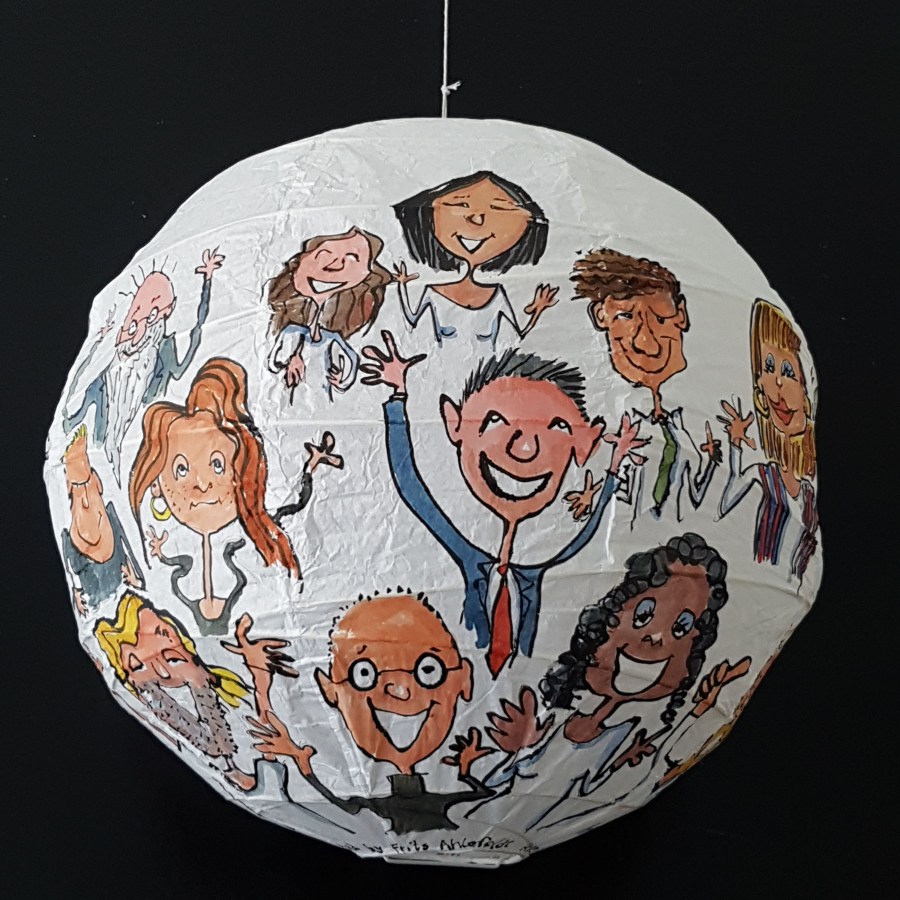 Detail - Happy people all around painting by Frits Ahlefeldt. On Rice paper Lamp