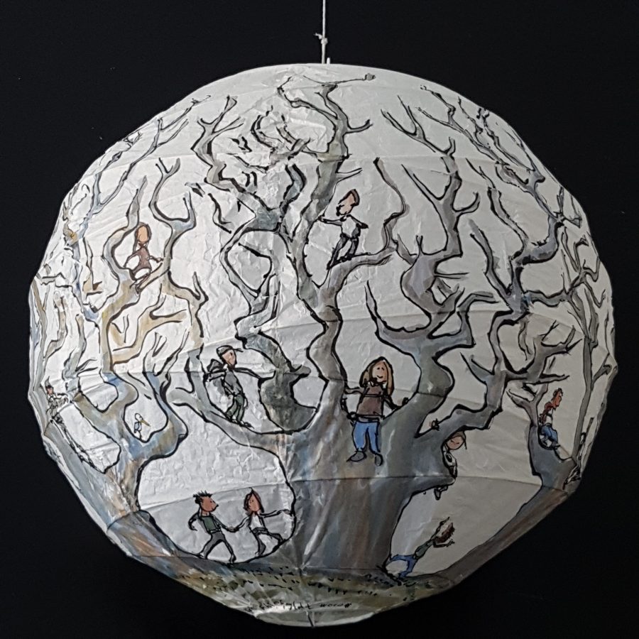 Trees and hikers Illustration in ink and watercolor on sphere lamp