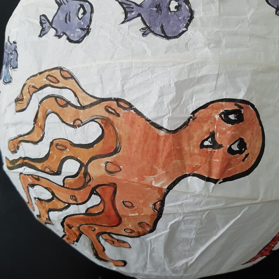 No.007 Color drawing of fish on a rice paper lamp. Artwork by Frits Ahlefeldt
