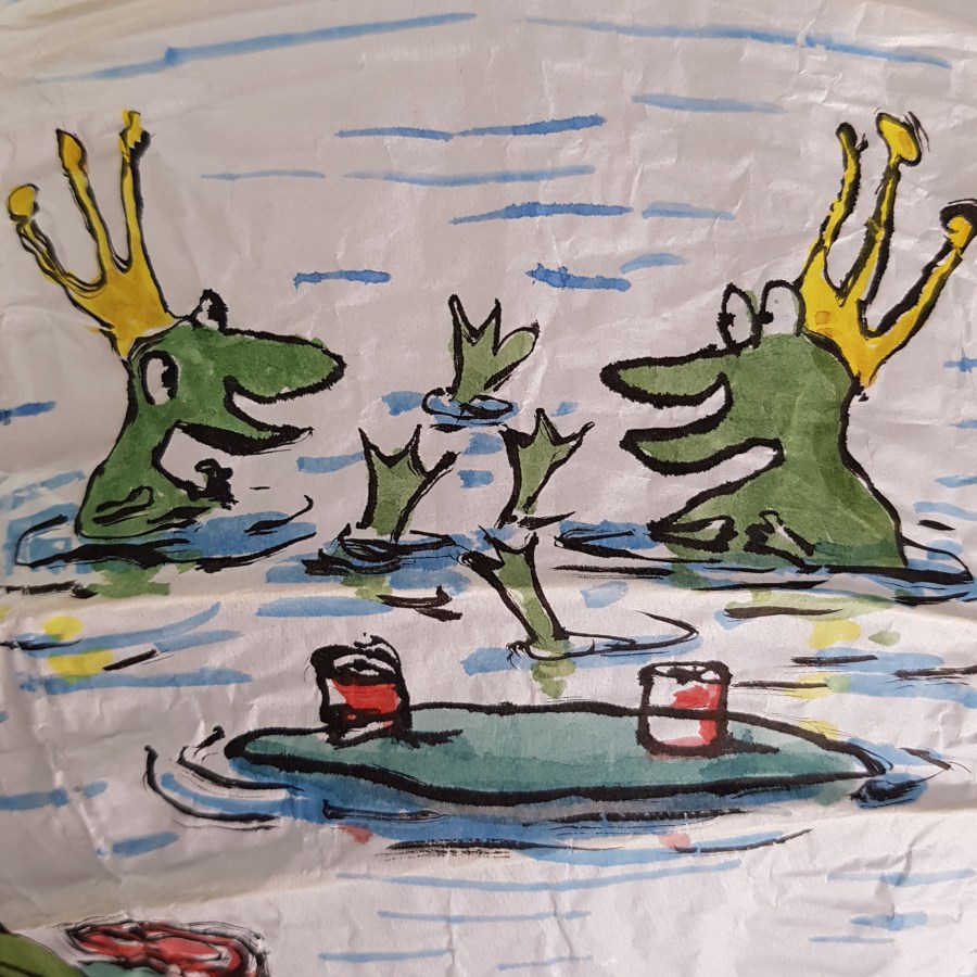 Painting of frog with crown waiting for a princess. Artwork by Frits Ahlefeldt. On rice paper lamp