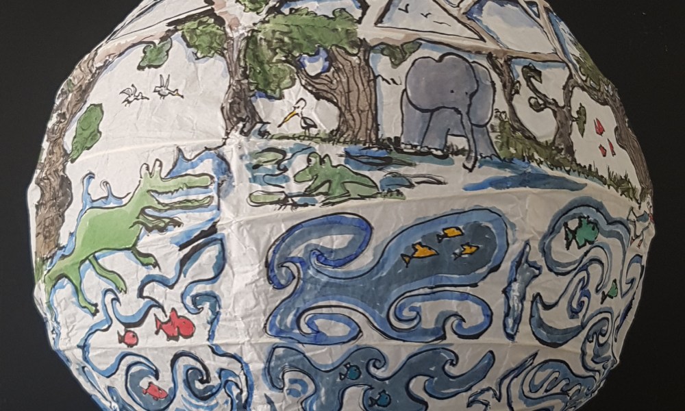 Painting of sphere house by Frits Ahlefeldt, on Rice paper lamp