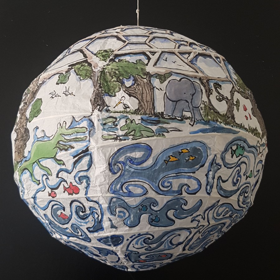Painting of sphere house by Frits Ahlefeldt, on Rice paper lamp