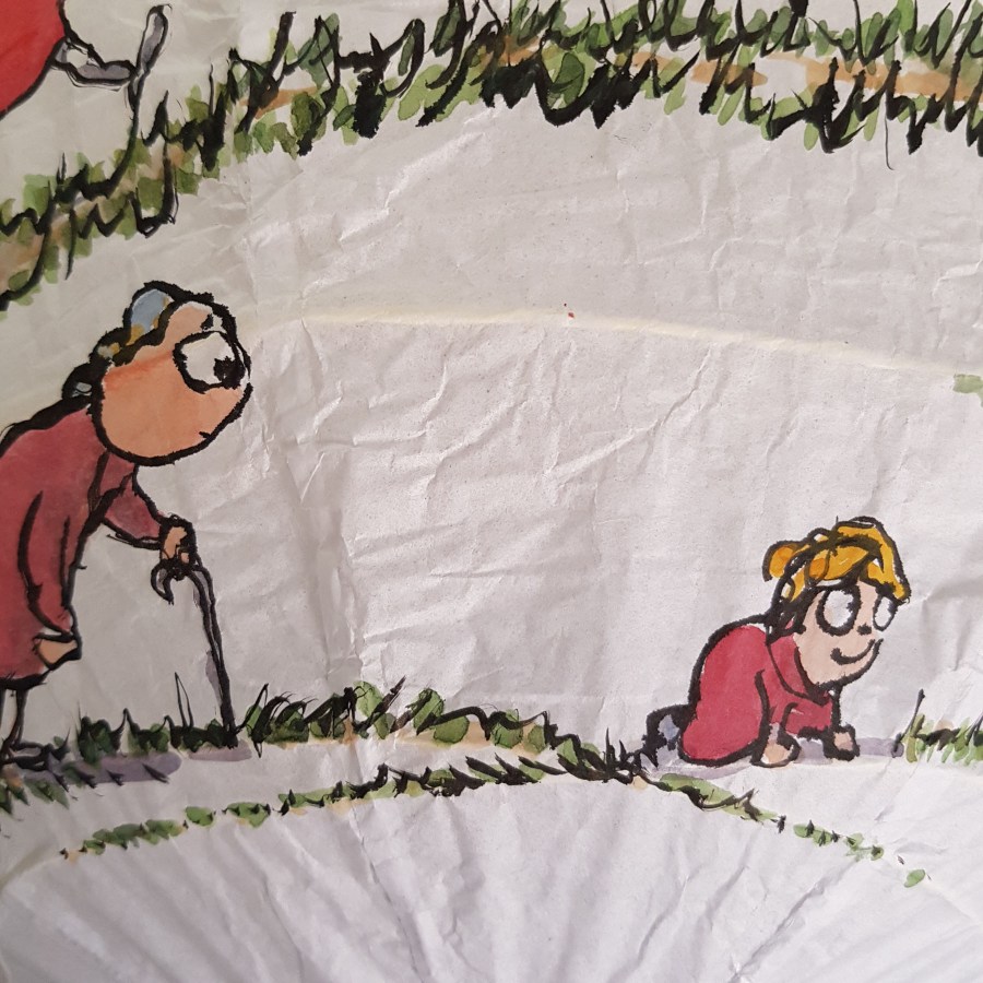 Drawing of red shirt woman walking from baby to old age around a rice paper lamp. Artwork by Frits Ahlefeldt