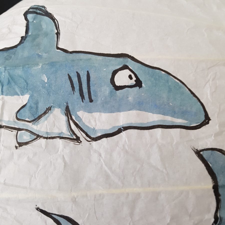 No.007 Color drawing of fish on a rice paper lamp. Artwork by Frits Ahlefeldt