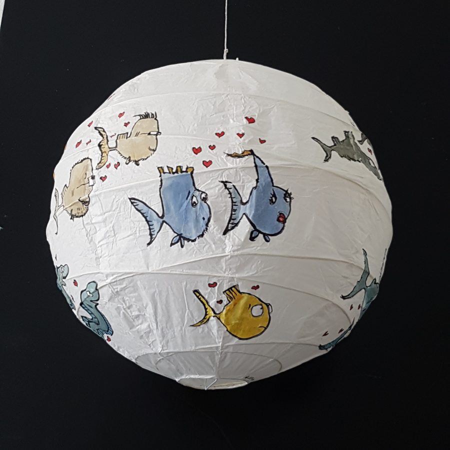 Hand painted artwork on rice paper lamp. Fish in love. By Frits Ahlefeldt