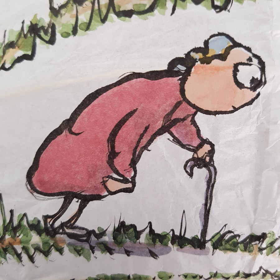 Drawing of red shirt woman walking from baby to old age around a rice paper lamp. Artwork by Frits Ahlefeldt