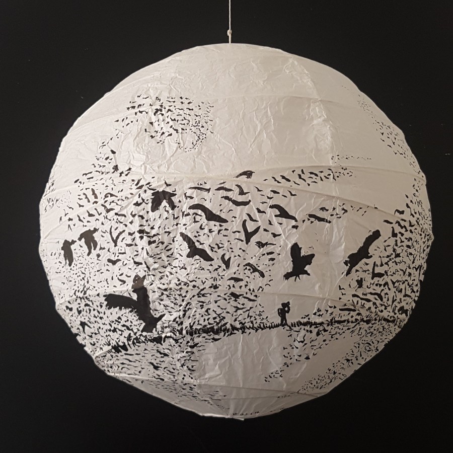 Artwork drawing of birds flying around ricepaperlamp - art by Frits Ahlefeldt