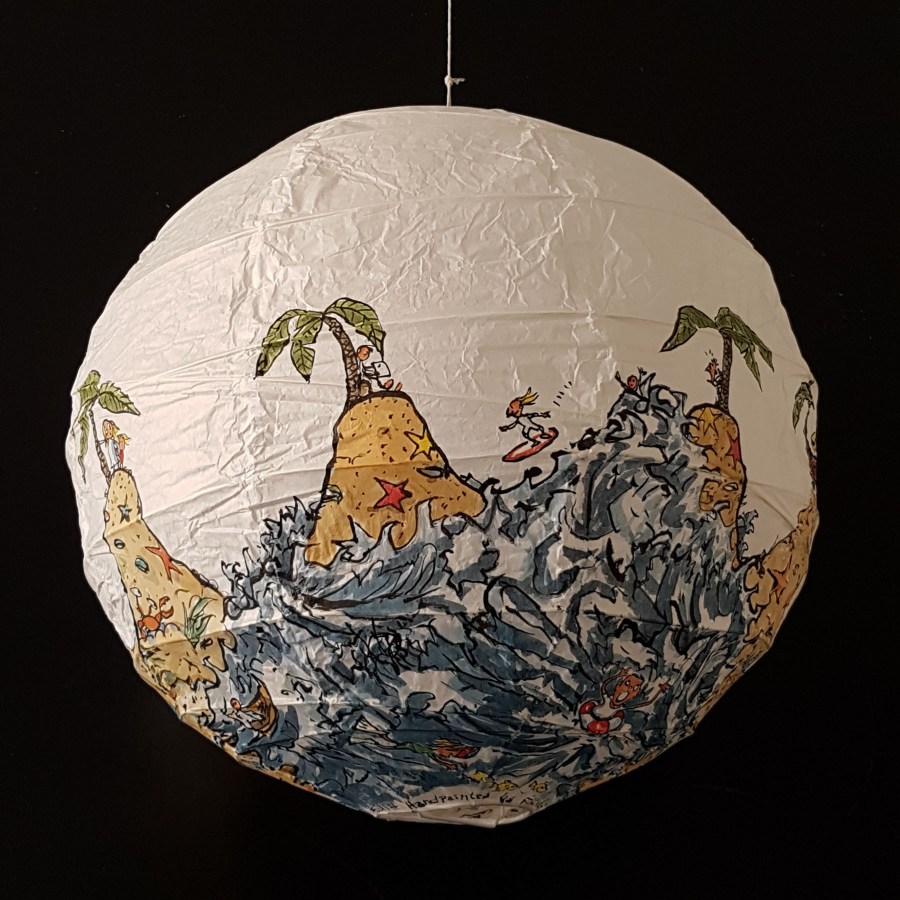 No man is an island at low tide art by Frits Ahlefeldt. SpherePainting on Rice paper lamp