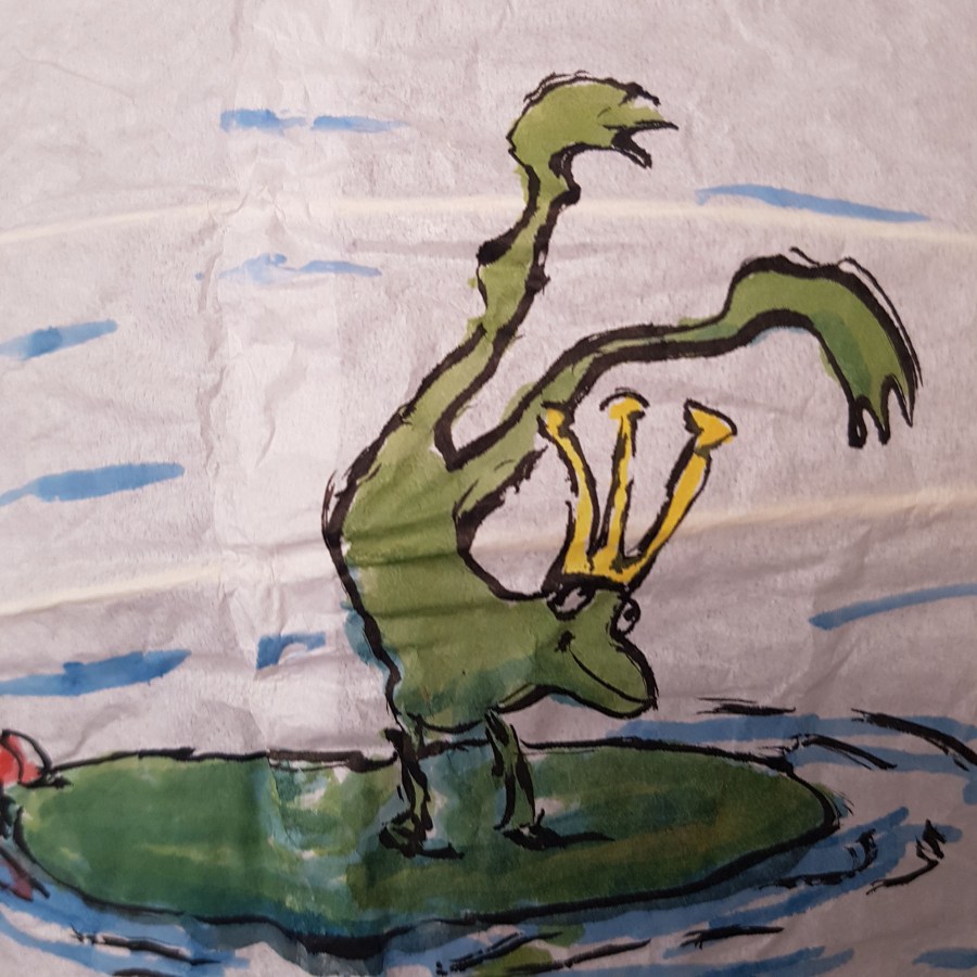 Painting of frog with crown waiting for a princess. Artwork by Frits Ahlefeldt. On rice paper lamp